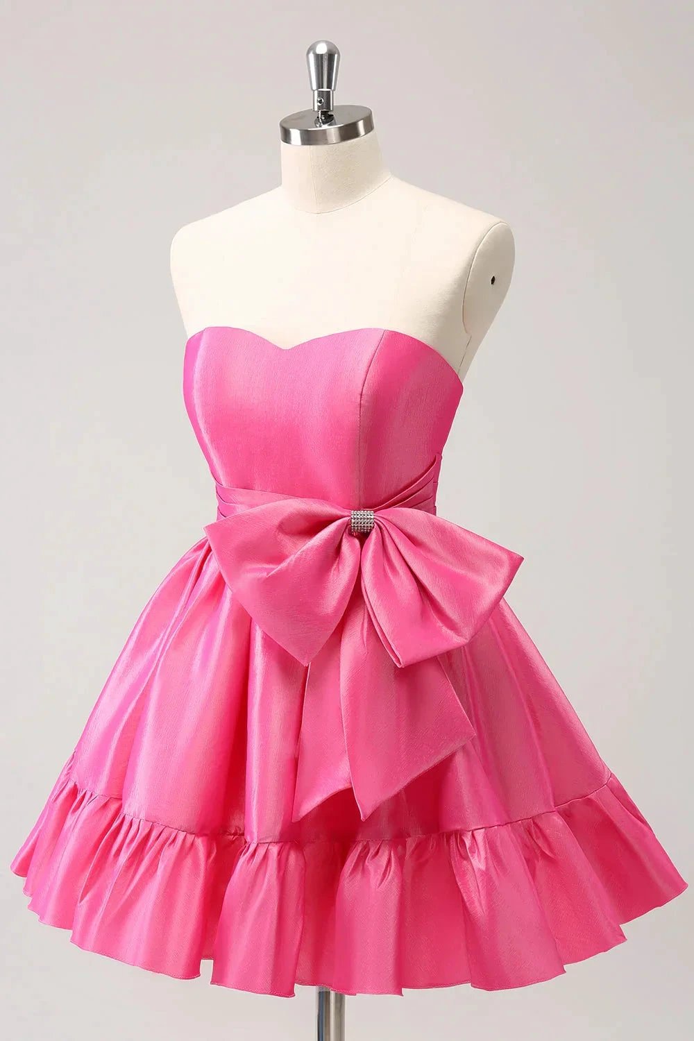 Cute Hot Pink A Line Strapless Pleated Short Homecoming Dress with Bow by WEDTREND