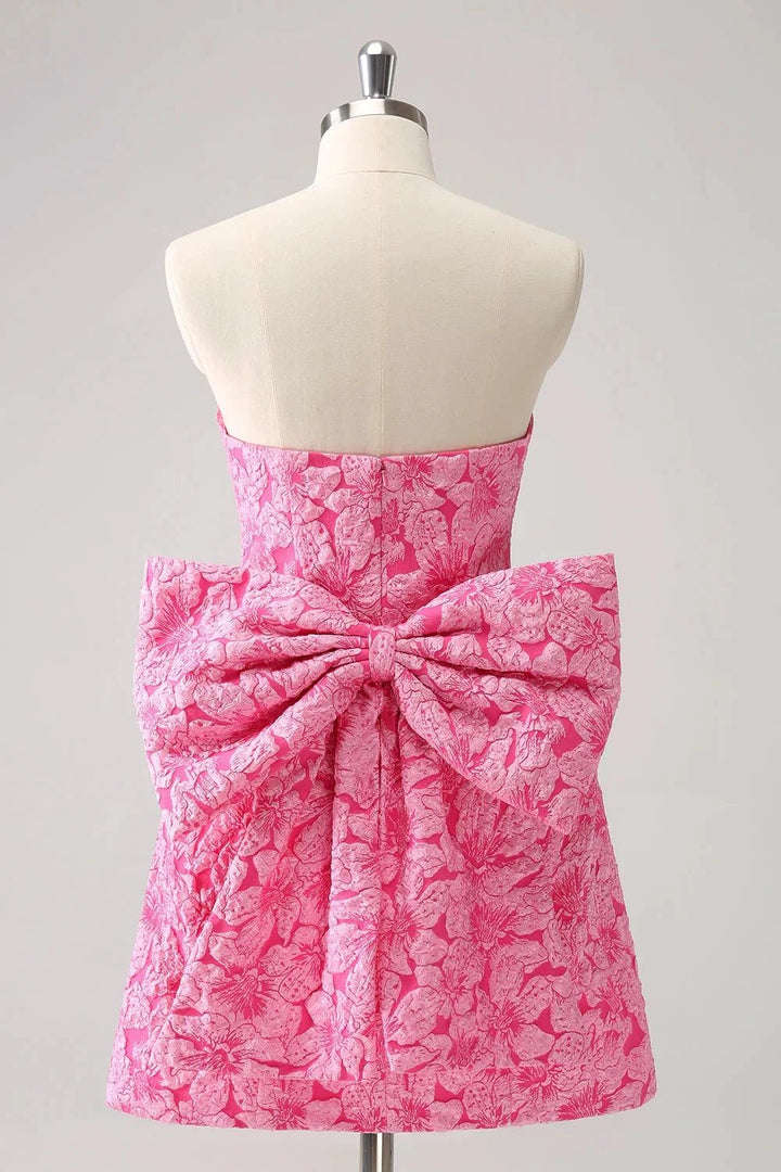 Cute Hot Pink A Line Strapless Print Short Homecoming Dress with Bow by WEDTREND
