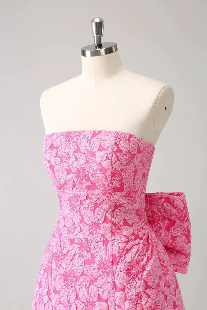 Cute Hot Pink A Line Strapless Print Short Homecoming Dress with Bow by WEDTREND