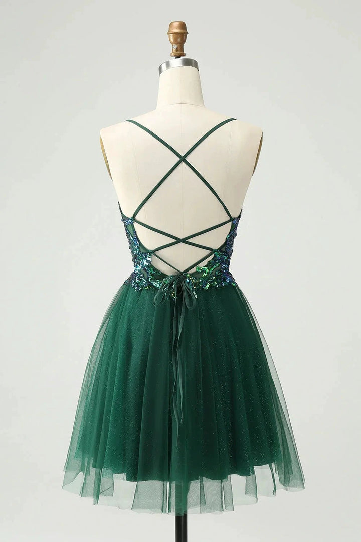 Cute Dark Green A Line V Neck Sequin Short Homecoming Dress with Appliques by WEDTREND
