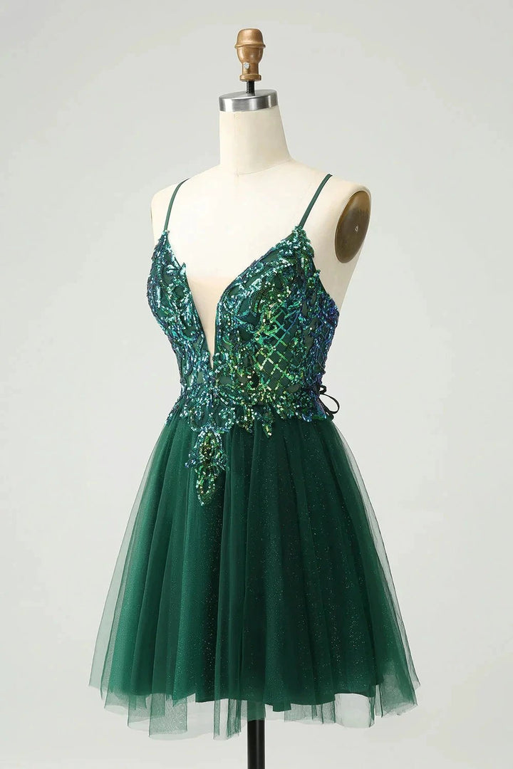 Cute Dark Green A Line V Neck Sequin Short Homecoming Dress with Appliques by WEDTREND