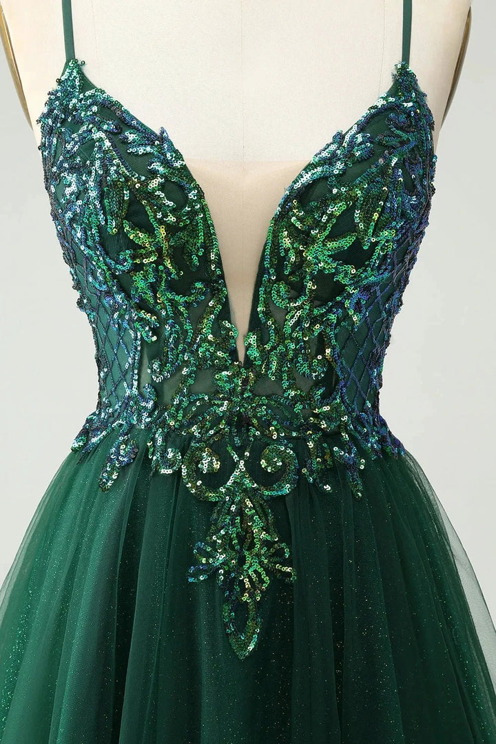 Cute Dark Green A Line V Neck Sequin Short Homecoming Dress with Appliques by WEDTREND