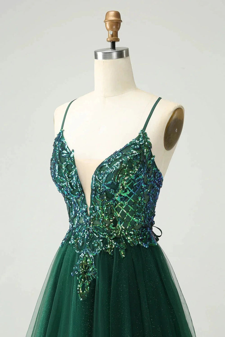 Cute Dark Green A Line V Neck Sequin Short Homecoming Dress with Appliques by WEDTREND