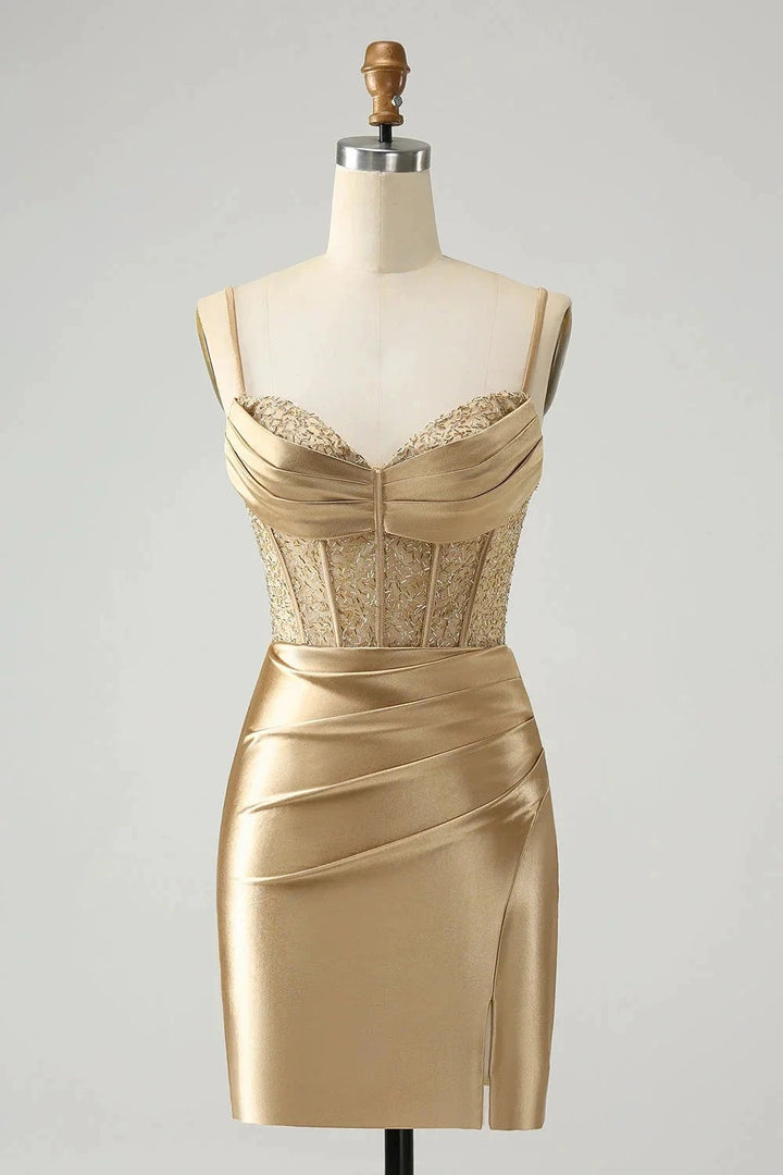 Gold Corset Short Homecoming Dress with Lace Up Back by WEDTREND