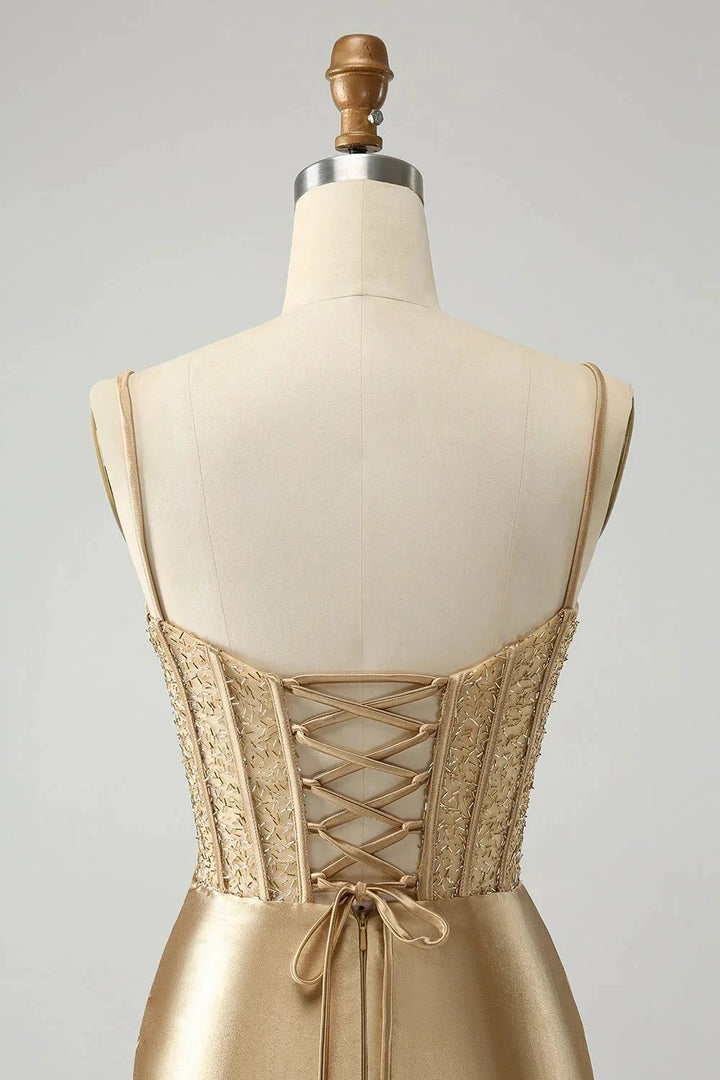 Gold Corset Short Homecoming Dress with Lace Up Back by WEDTREND
