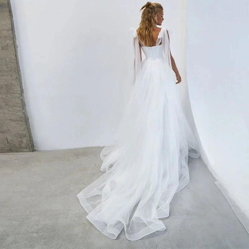 Simple White Tulle Wedding Dresses Boho Bow Spaghetti Straps A-Line Beach Wedding Party Gowns Abito Da Sposa 2021 by payinti