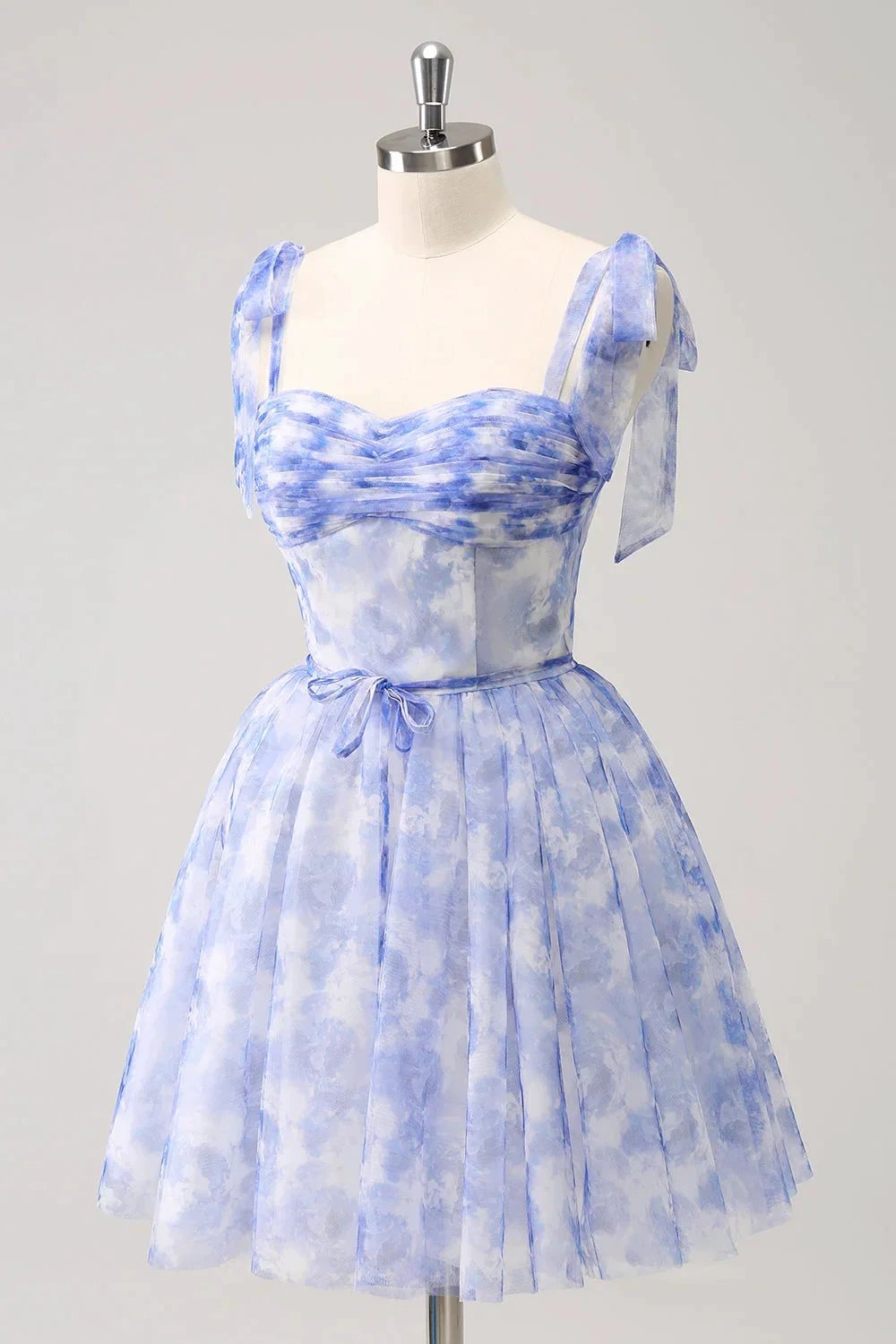 Cute Blue A Line Spaghetti Straps Pleated Short Homecoming Dress With Lace Up Back by WEDTREND