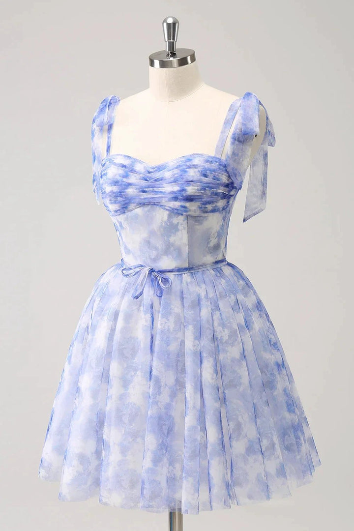 Cute Blue A Line Spaghetti Straps Pleated Short Homecoming Dress With Lace Up Back by WEDTREND