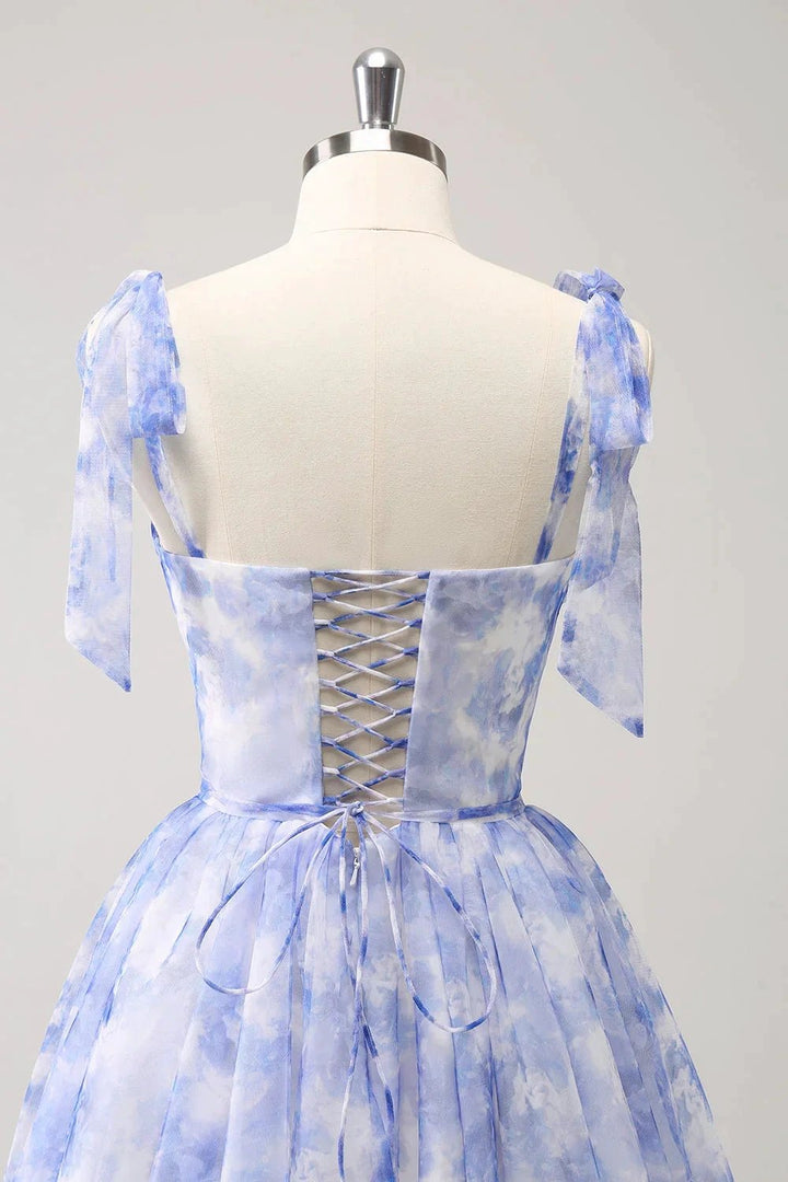 Cute Blue A Line Spaghetti Straps Pleated Short Homecoming Dress With Lace Up Back by WEDTREND