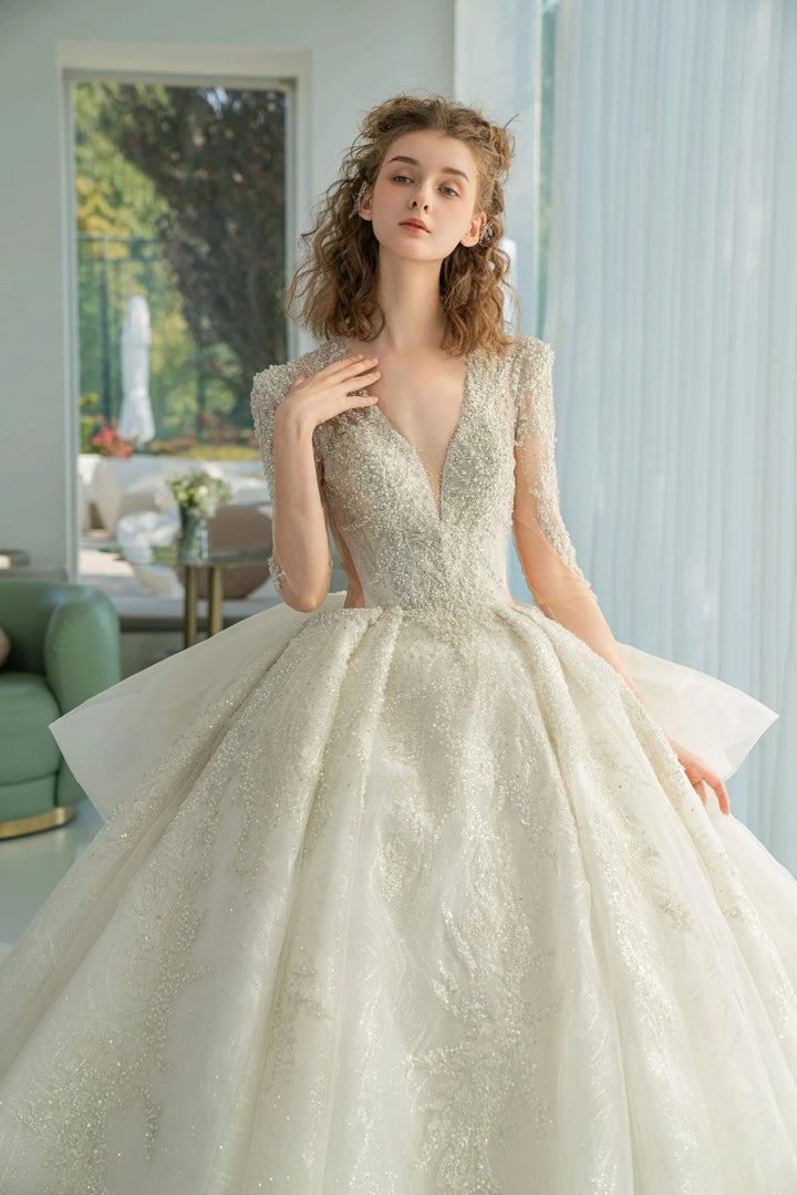 Dazzling Ball Gown Deep V-Neck Tulle Wedding Dress with Beaded Embroidery &amp; Illusion Cut-Out Back Q-6022 by ZAPDRESS