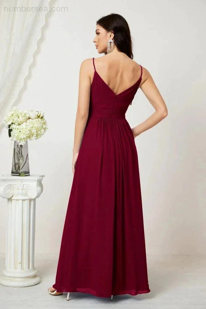 Numbersea Chiffon V-Neck Bridesmaid Dress Spaghetti Strap Long Formal Party Prom Gowns with Slit 28010 by numbersea