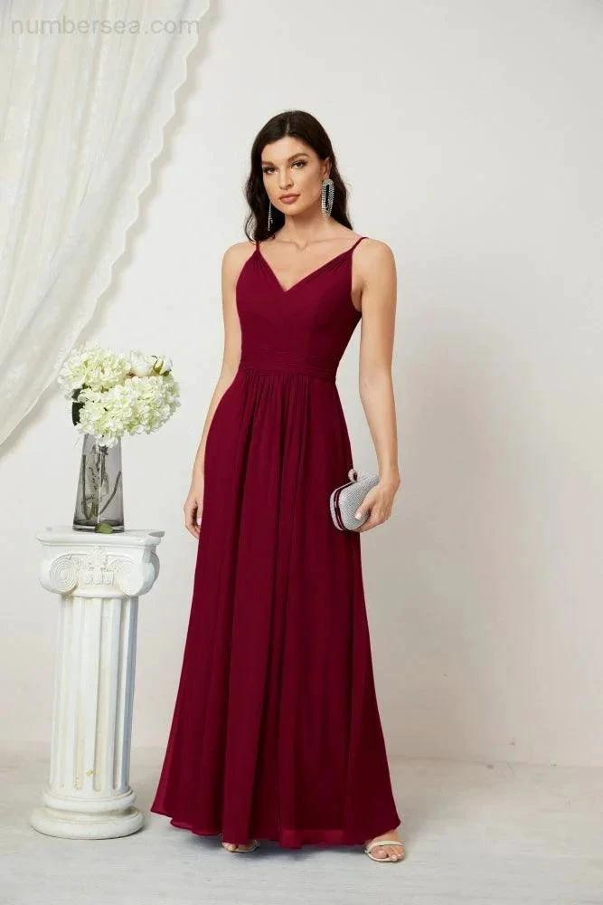 Numbersea Chiffon V-Neck Bridesmaid Dress Spaghetti Strap Long Formal Party Prom Gowns with Slit 28010 by numbersea