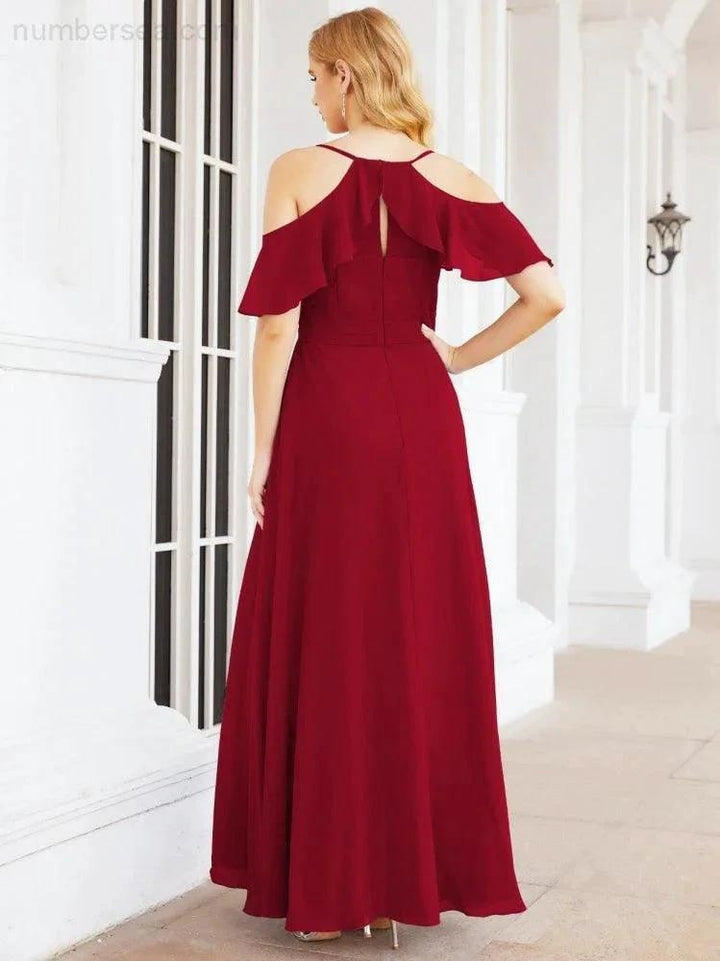 Numbersea Cold Shoulder Long Bridesmaid Dresses Side Slit Formal Prom Gowns Party Wedding 28070 by numbersea