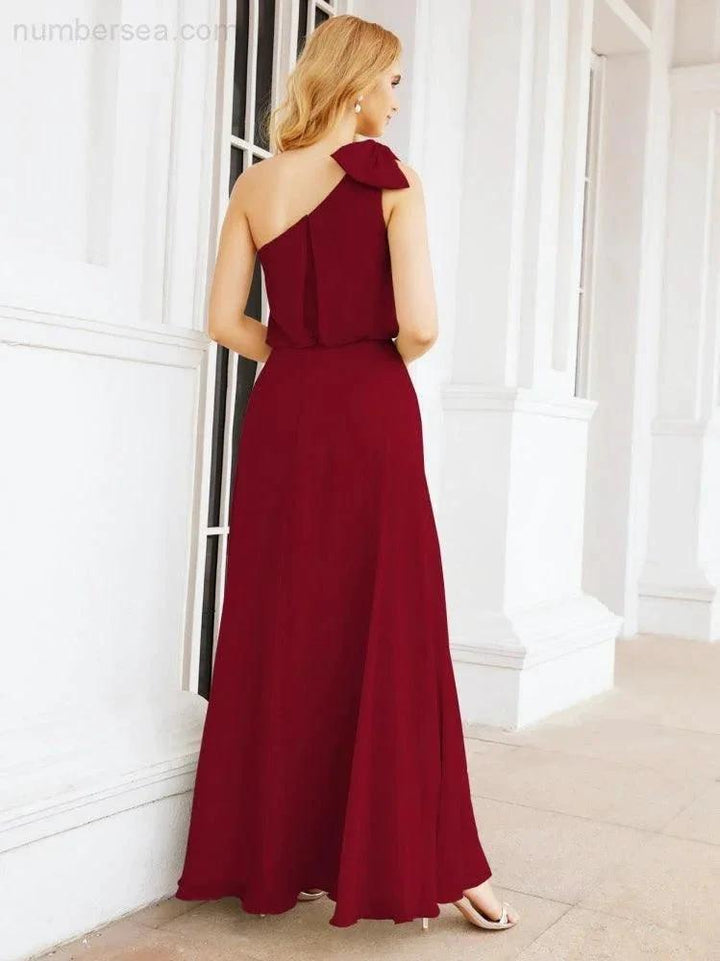 Numbersea Chiffon Ruffled One Shoulder Sleeveless Long Bride Dresses A-line Formal Evening Gown Side Split 28057 by numbersea