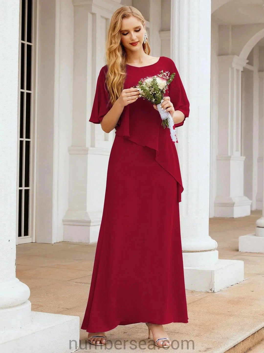 Sunnderly Formal Party Gown Dress Long Mother of The Bride Dresses with Ruffle Cape SY28026 by numbersea