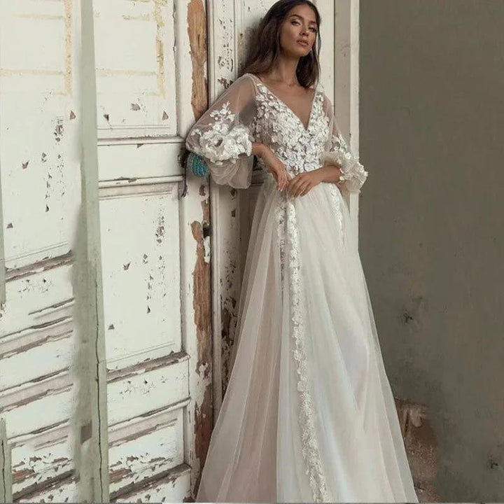 Charming Long Puffy Sleeves Wedding Dresses A-Line V Neck Appliques Open Back Sweep Train Bridal Gown Custom Made by payinti