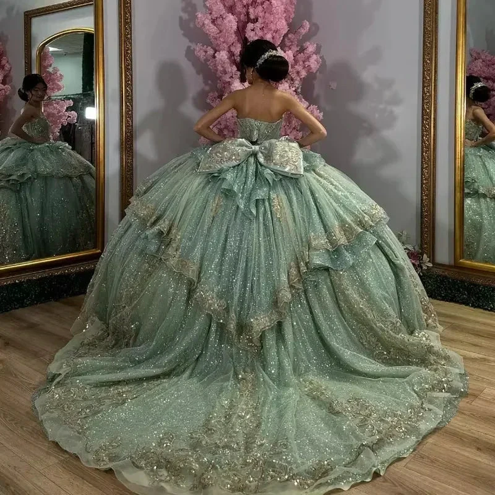 Green Quinceanera Dresses Crystals Beading Gold Applique Lace Bow Ball Gown Sweet 16 Birthday Prom Dress Y8115 by simplepromdress