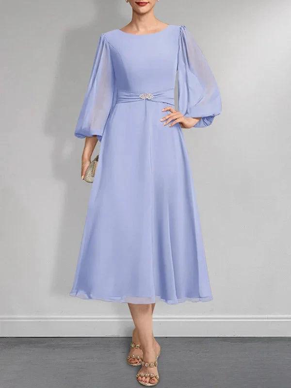 A-line Scoop Tea-Length Chiffon Mother of the Bride Dress With Crystal Brooch Pleated by Dreamylily