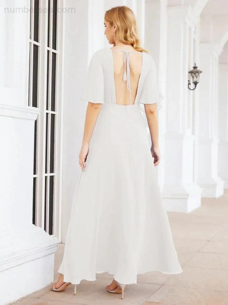 Numbersea V-Neck Bridesmaid Dress Chiffon Long Open Back Formal Dresses for Women Party Evening 28067 by numbersea