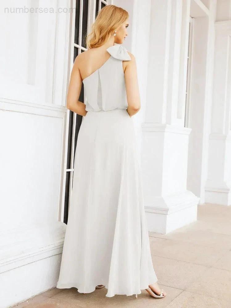Numbersea Chiffon Ruffled One Shoulder Sleeveless Long Bride Dresses A-line Formal Evening Gown Side Split 28057 by numbersea