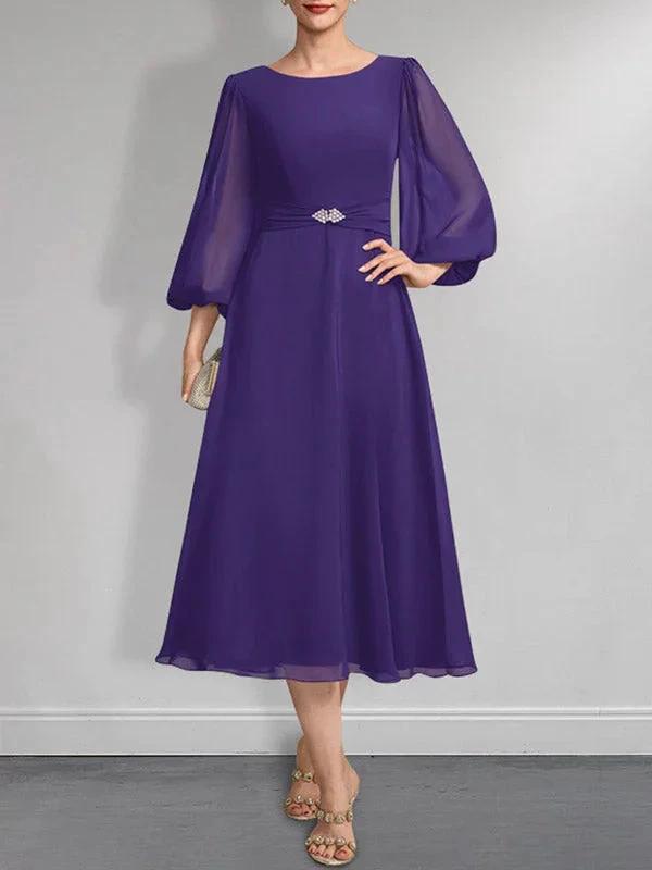 A-line Scoop Tea-Length Chiffon Mother of the Bride Dress With Crystal Brooch Pleated by Dreamylily