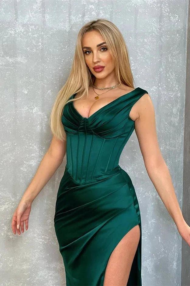 Dark Green Long Mermaid V-neck Satin Sleeveless Evening Dress with Slit by BIZTUNNEL