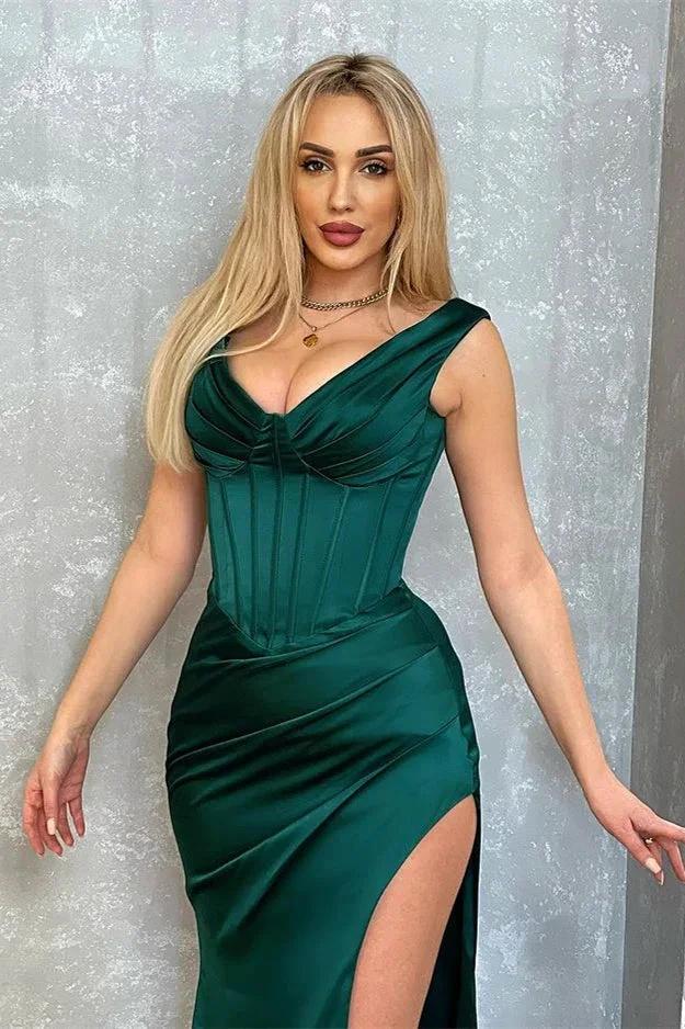 Dark Green Long Mermaid V-neck Satin Sleeveless Evening Dress with Slit by BIZTUNNEL