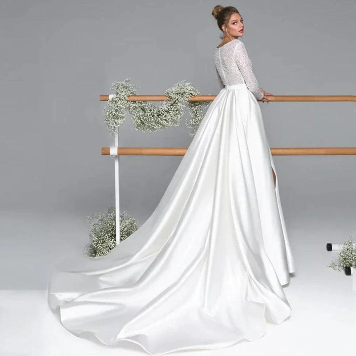 Luxury Long Sleeve Satin Wedding Dress Deep V-Neck Side Split Bridal Party Gown vestido de novia Sweep Train 2023 by payinti