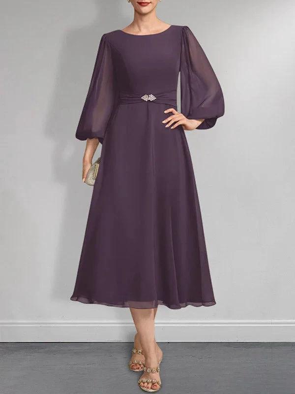 A-line Scoop Tea-Length Chiffon Mother of the Bride Dress With Crystal Brooch Pleated by Dreamylily