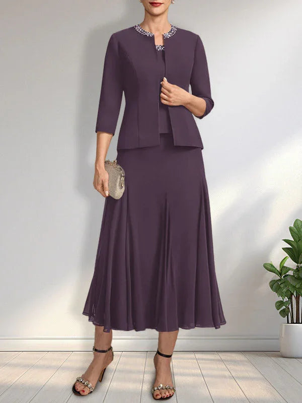 Separates A-line Scoop Tea-Length Chiffon Mother of the Bride Dress With Sequins Beading by Dreamylily