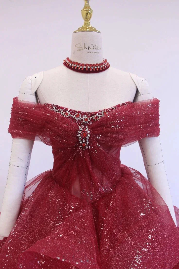Fairy Off-Shoulder A-Line Red Evening Dress, Sparkling Dress Ball Gown Wedding Dress Y7676 by simplepromdress