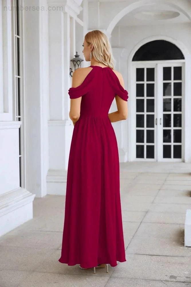 Ladies Chiffon Off Shoulder Swing Sleeve Front Slit Bridesmaid Evening Dress Wedding Party Evening Dress 28117 by numbersea