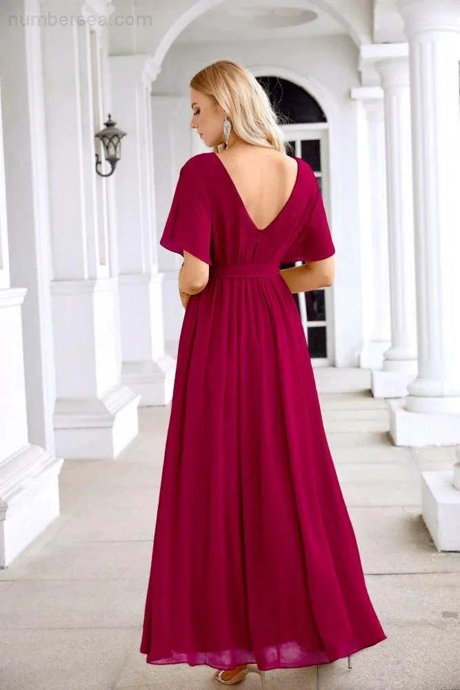Ladies Chiffon Sleeve Crew Neck Front Slit Floor Length Bridesmaid Evening Dress Wedding Party Evening Dress 28124 by numbersea