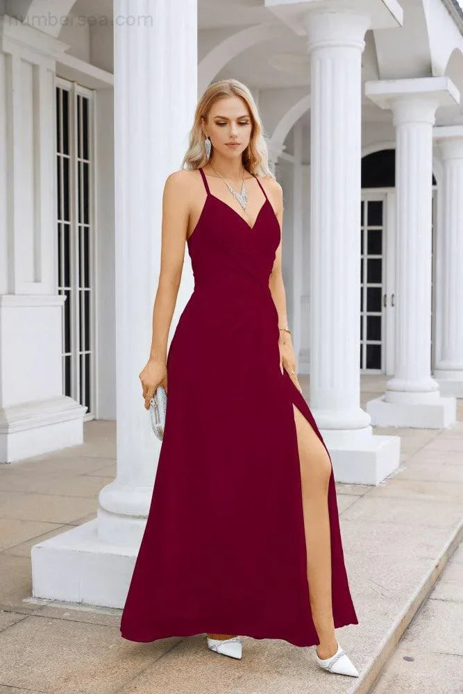 Vestido de noche de gasa con tirantes finos, escote en V, abertura frontal y largo hasta el suelo para dama de honor, fiesta de graduación, boda, 28116 