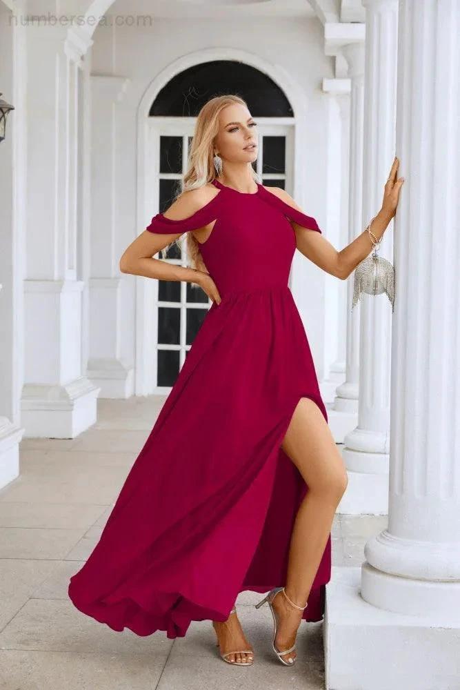Ladies Chiffon Off Shoulder Swing Sleeve Front Slit Bridesmaid Evening Dress Wedding Party Evening Dress 28117 by numbersea