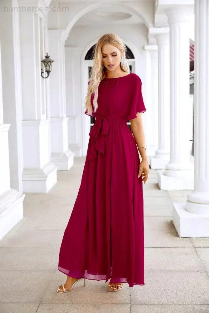 Ladies Chiffon Sleeve Crew Neck Front Slit Floor Length Bridesmaid Evening Dress Wedding Party Evening Dress 28124 by numbersea