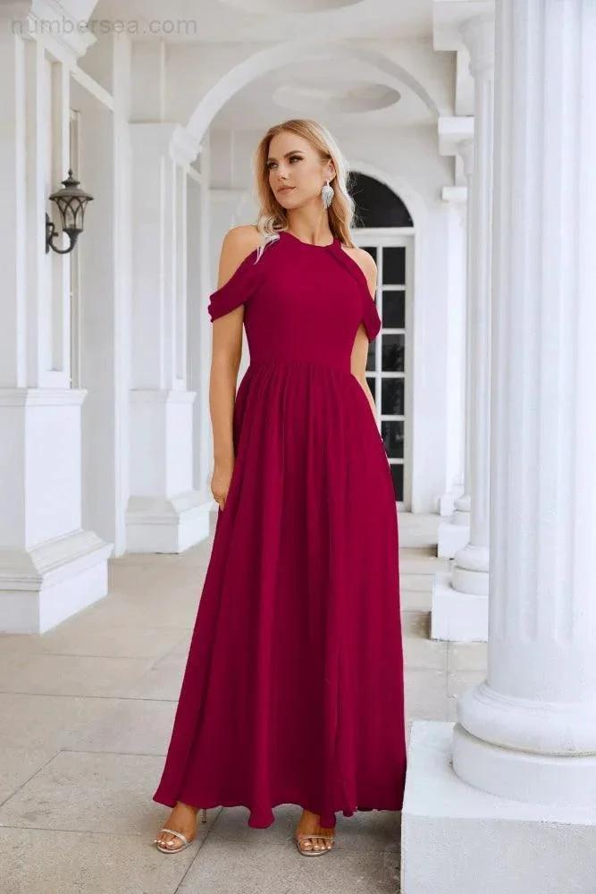 Ladies Chiffon Off Shoulder Swing Sleeve Front Slit Bridesmaid Evening Dress Wedding Party Evening Dress 28117 by numbersea