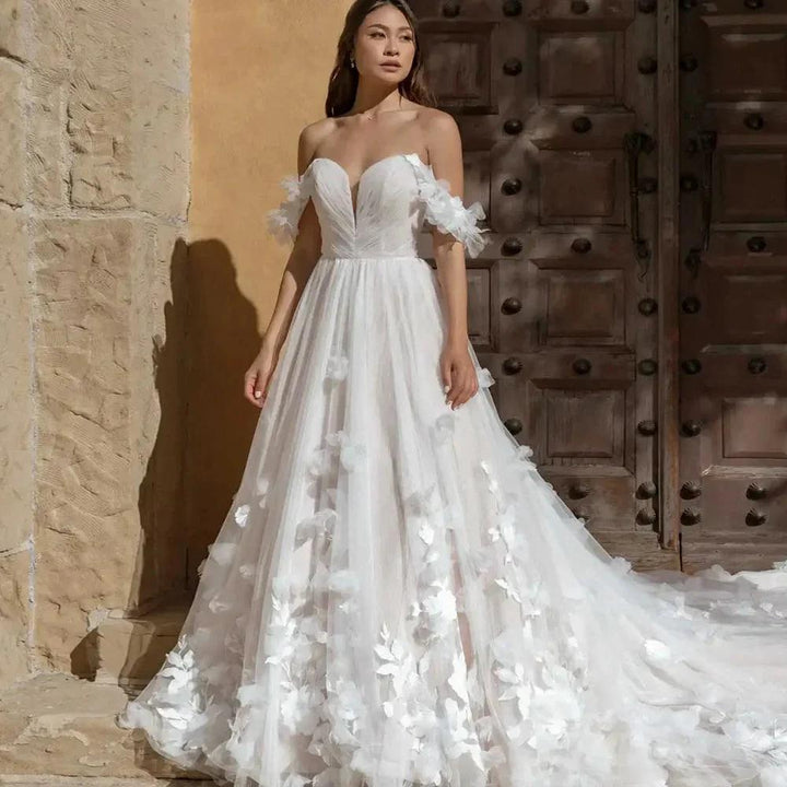 Whimsical Tulle Ballgown Wedding Dress With 3D Flowers And Off the Shoulder Straps Sweetheart Custom Made For Women by payinti