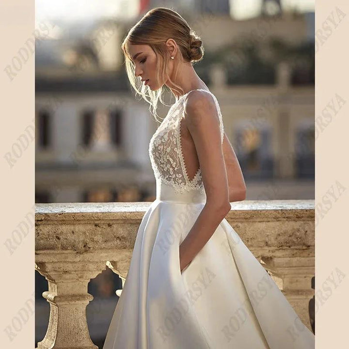 Soft Satin V-Neck Wedding Dresses For Women A-Line Backless Bridal Gowns Sleeveless Insertable Pocket Robe De Mariée by payinti