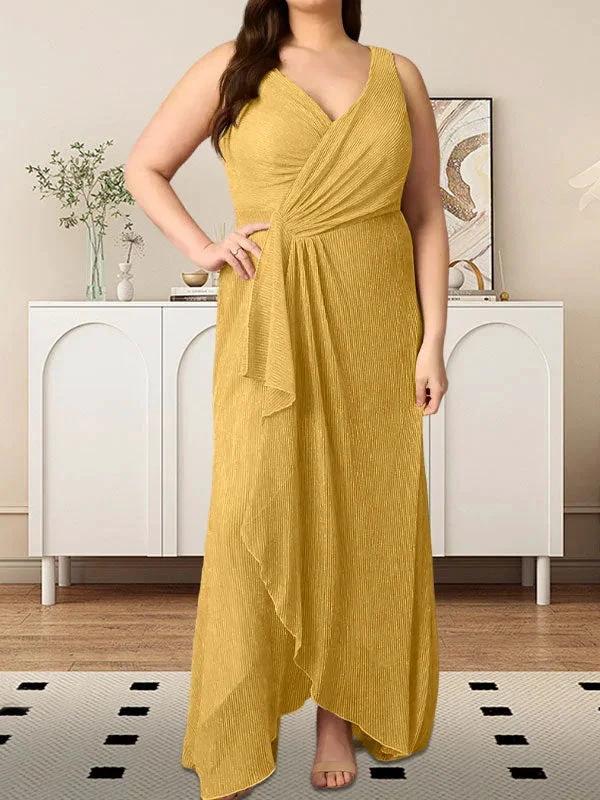 A-Line V-Neck Ruched Metallic Mesh Dress by Dreamylily
