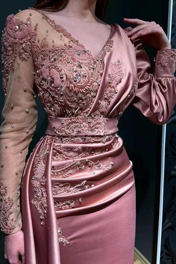 Long Sleeve Meimaid Satin Floor Length Prom Dress with Beads by BIZTUNNEL