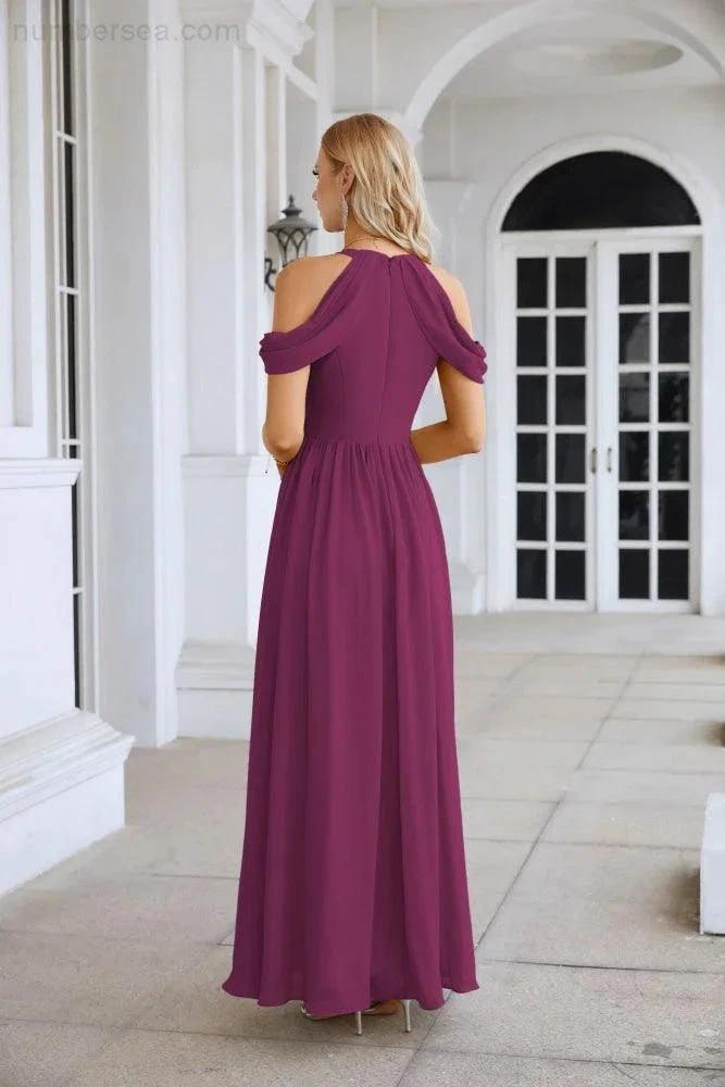 Ladies Chiffon Off Shoulder Swing Sleeve Front Slit Bridesmaid Evening Dress Wedding Party Evening Dress 28117 by numbersea