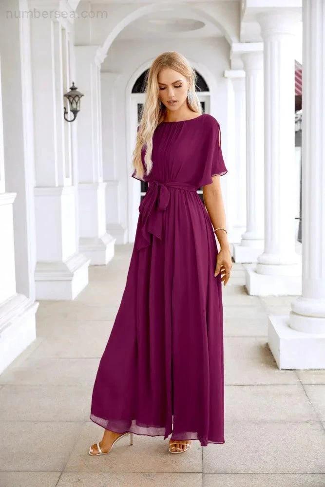 Ladies Chiffon Sleeve Crew Neck Front Slit Floor Length Bridesmaid Evening Dress Wedding Party Evening Dress 28124 by numbersea