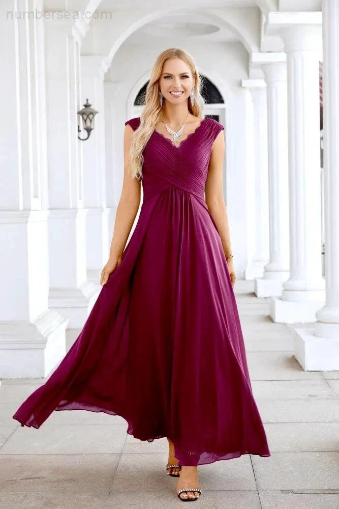 Ladies Chiffon V Neck Sleeveless Floor Length Bridesmaid Evening Dress Wedding Party Evening Dress 28126 by numbersea
