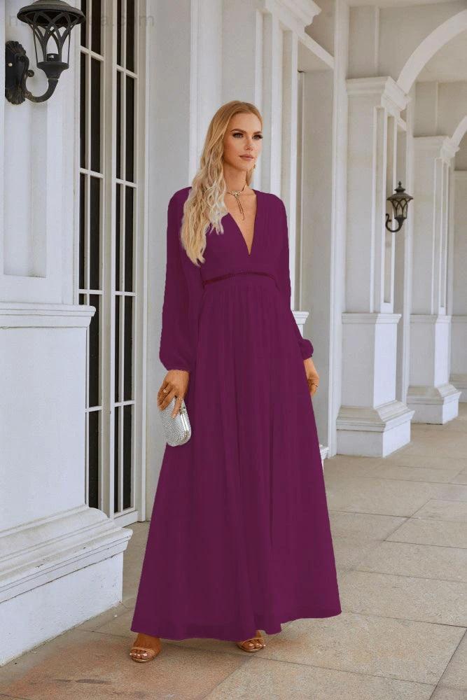Ladies V Neck Chiffon Long Sleeve Front Slit Bridesmaid Evening Dress Wedding Party Shopping Evening Dress 28109 by numbersea