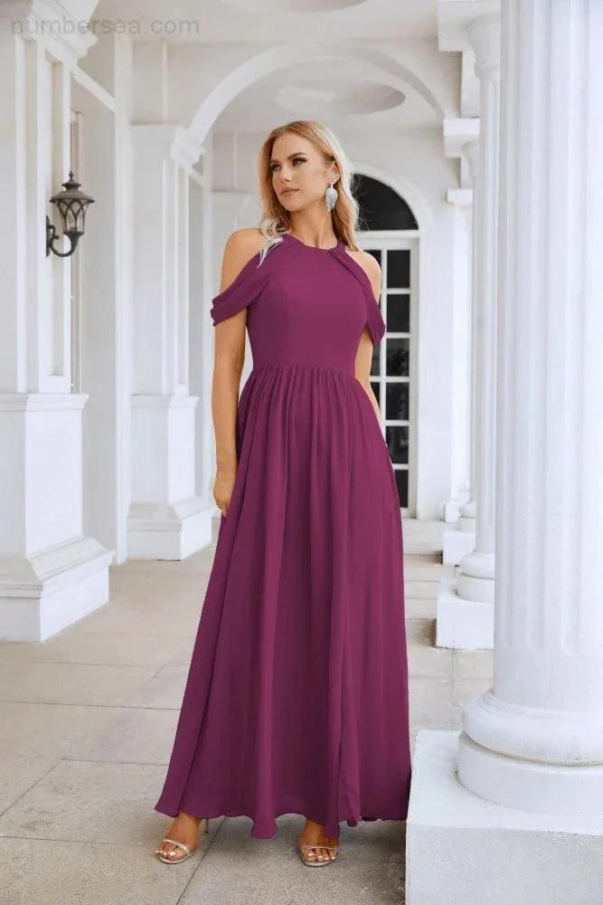 Ladies Chiffon Off Shoulder Swing Sleeve Front Slit Bridesmaid Evening Dress Wedding Party Evening Dress 28117 by numbersea