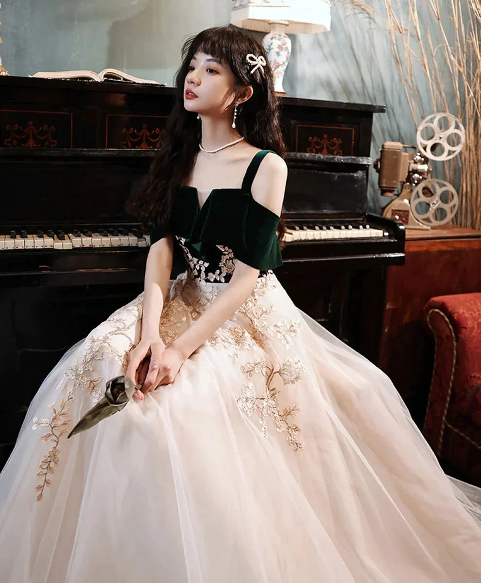 A-line Green Tulle Lace Long Prom Dress, Green Formal Evening Dress Y1928 by simplepromdress