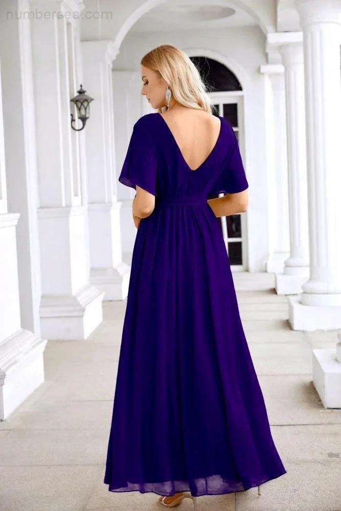 Ladies Chiffon Sleeve Crew Neck Front Slit Floor Length Bridesmaid Evening Dress Wedding Party Evening Dress 28124 by numbersea