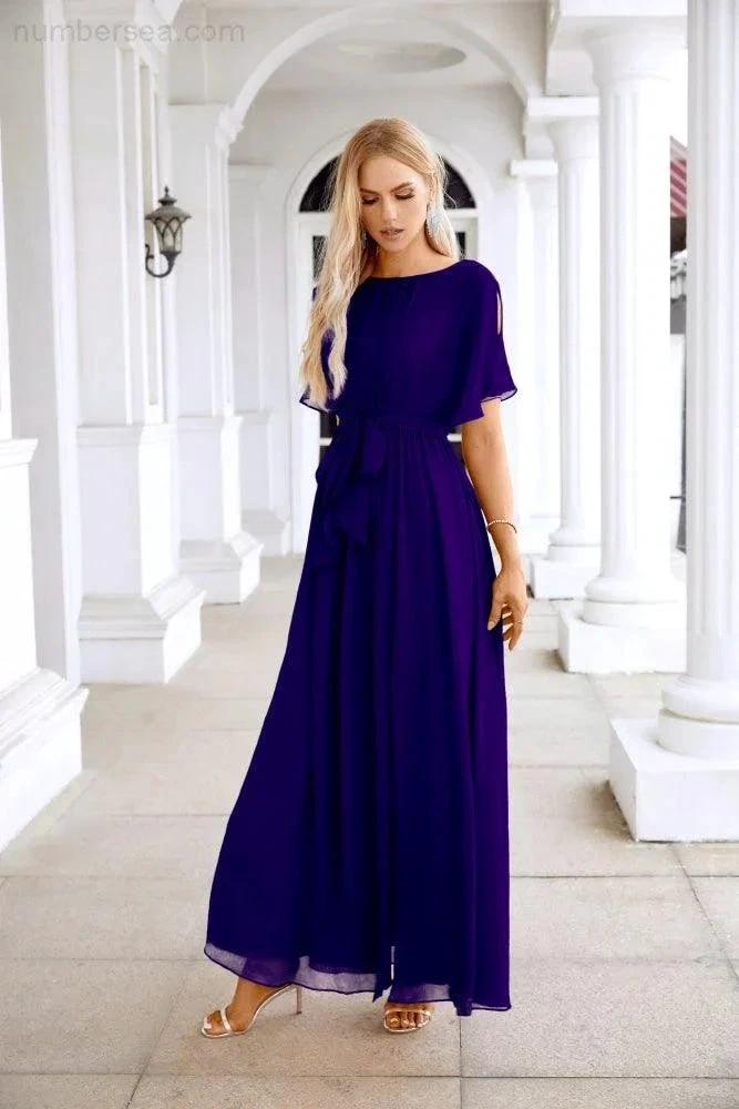 Ladies Chiffon Sleeve Crew Neck Front Slit Floor Length Bridesmaid Evening Dress Wedding Party Evening Dress 28124 by numbersea