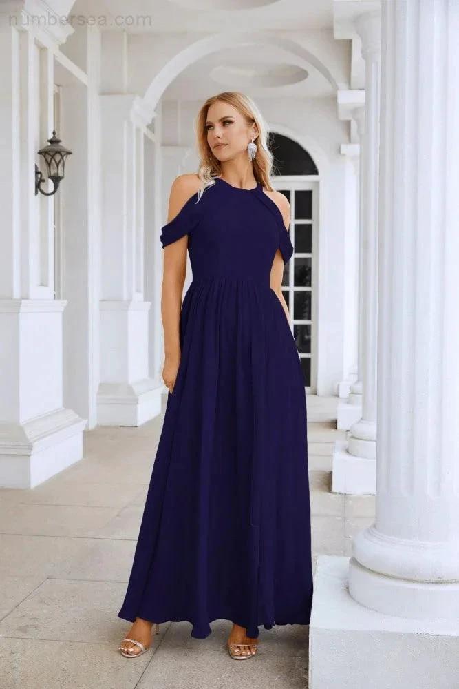 Ladies Chiffon Off Shoulder Swing Sleeve Front Slit Bridesmaid Evening Dress Wedding Party Evening Dress 28117 by numbersea